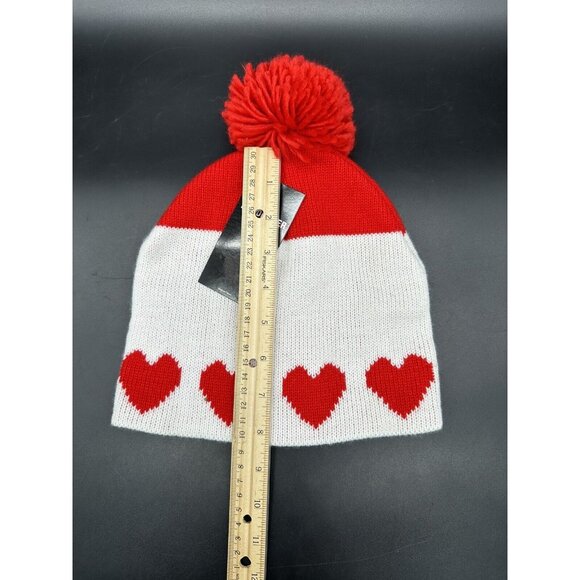 Sock Hat Hearts Pom Pom Beanie Red Hearts White Color Block Fluffy Womens Cute - Picture 9 of 9